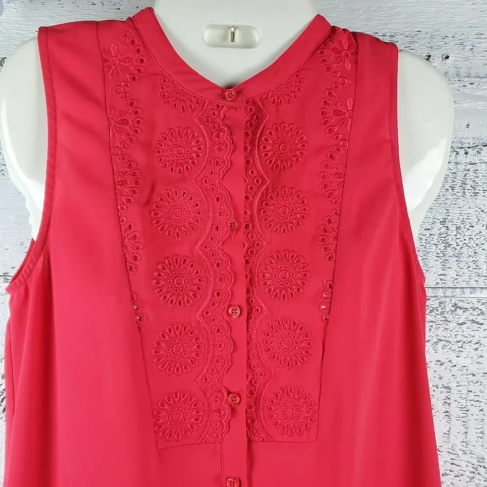 Maeve Anthropologie Red Button Front Sleeveless Blouse 2 XS Panel Neck Office